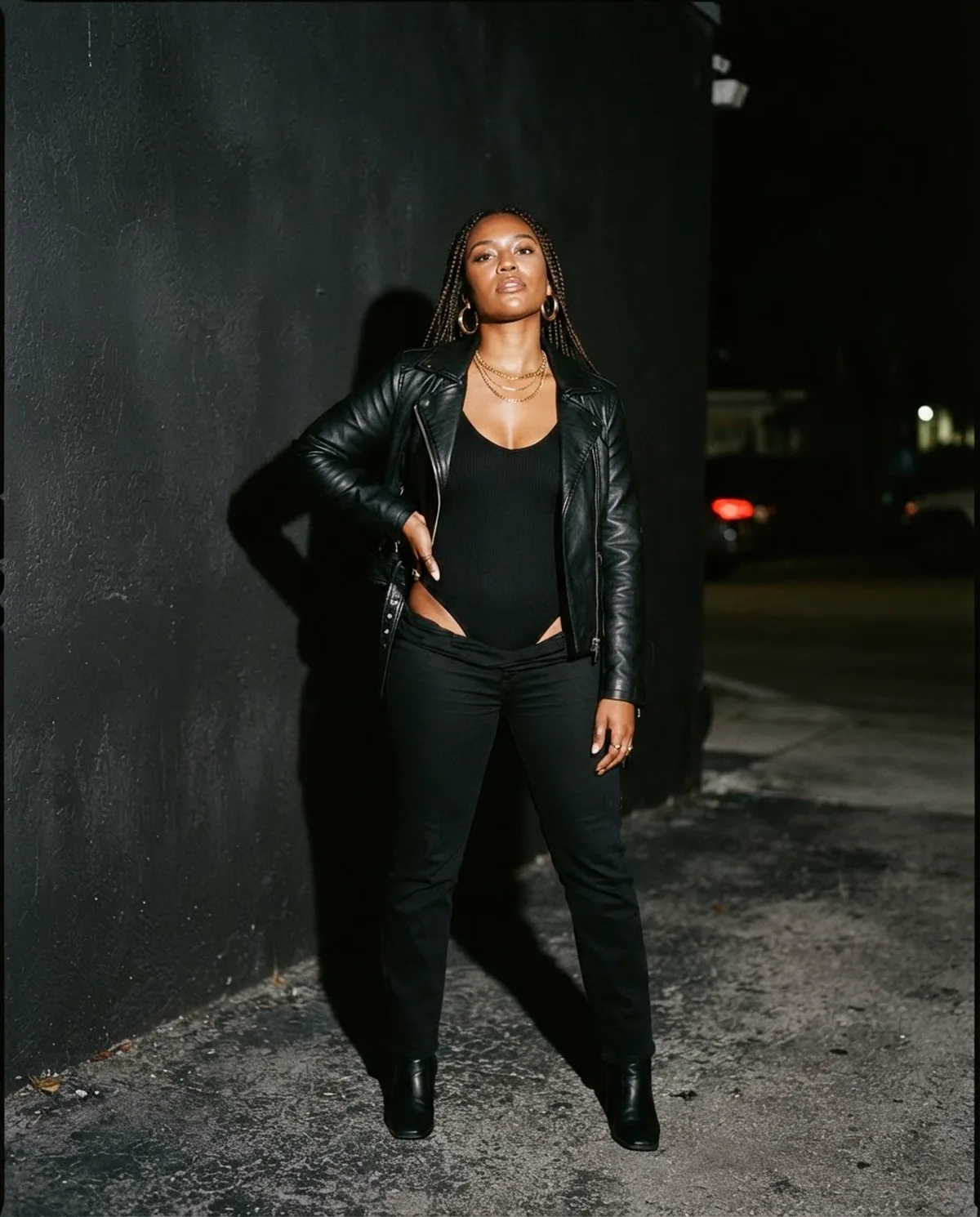 A creator in a leather jacket against a dark wall, the flash throwing a hard shadow beside her